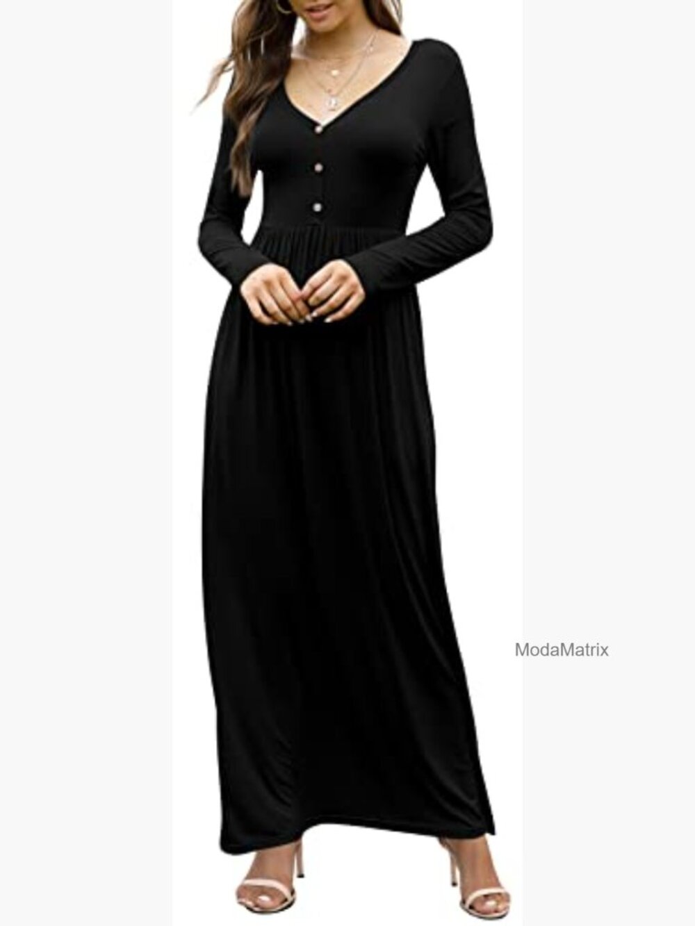 Long Sleeve V Neck Maxi Dress with Pockets - Picture 5 of 7